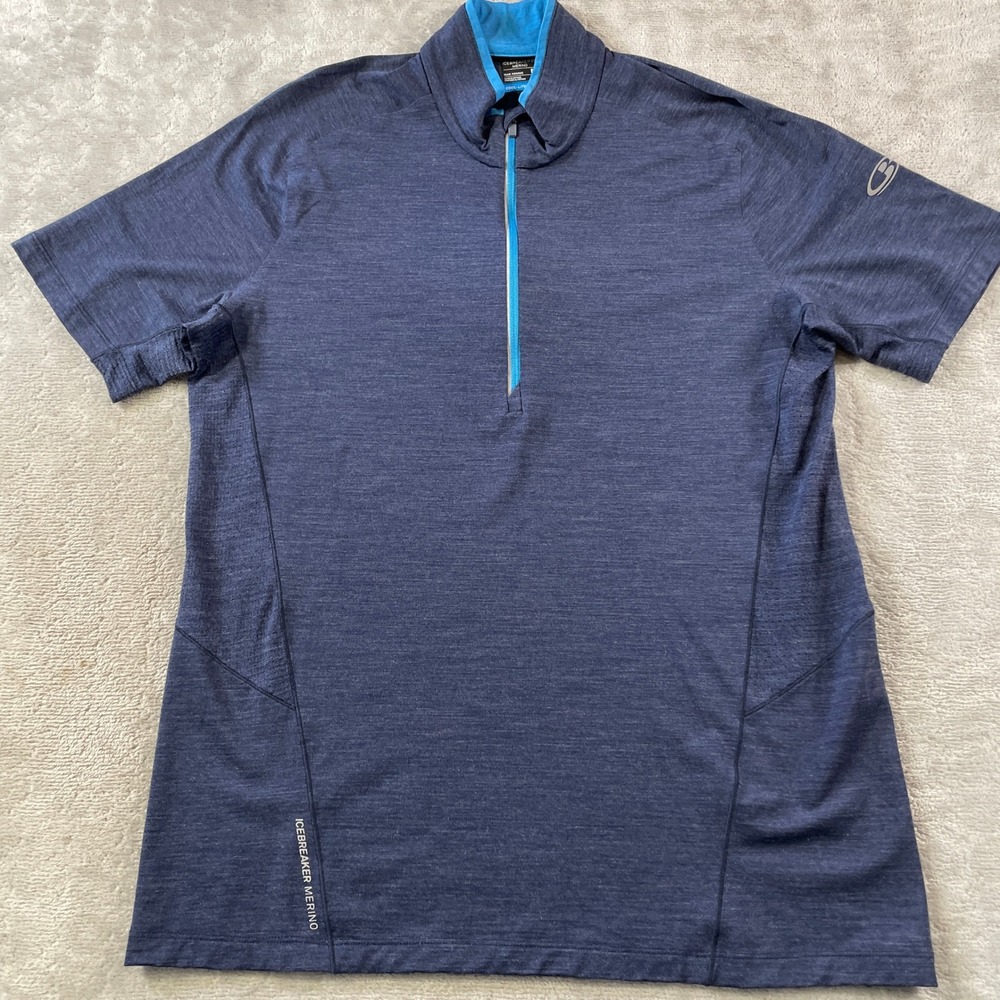 Share Icebreaker GT Merino Cool Lite Mens Medium Blue Wool 1/4 Zip Short Sleeve